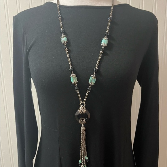 Sweet Romance Silver and Turquoise Y-Shape Necklace with Tassel - Picture 1 of 4